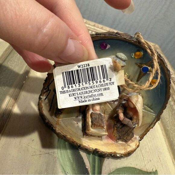 Vintage Kurt Adler Nativity Scene Ornament Faux Wood Bark 3D Tag Attached - Picture 12 of 13